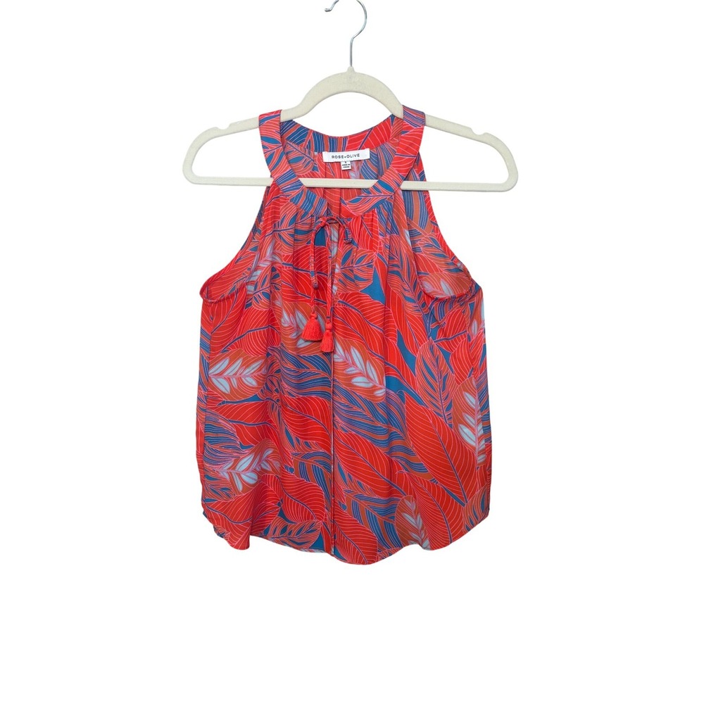 Rose + Olive Womens Halter Top Size S Coral Red Blue Tropical Leaf Boho Tassel - Picture 2 of 9